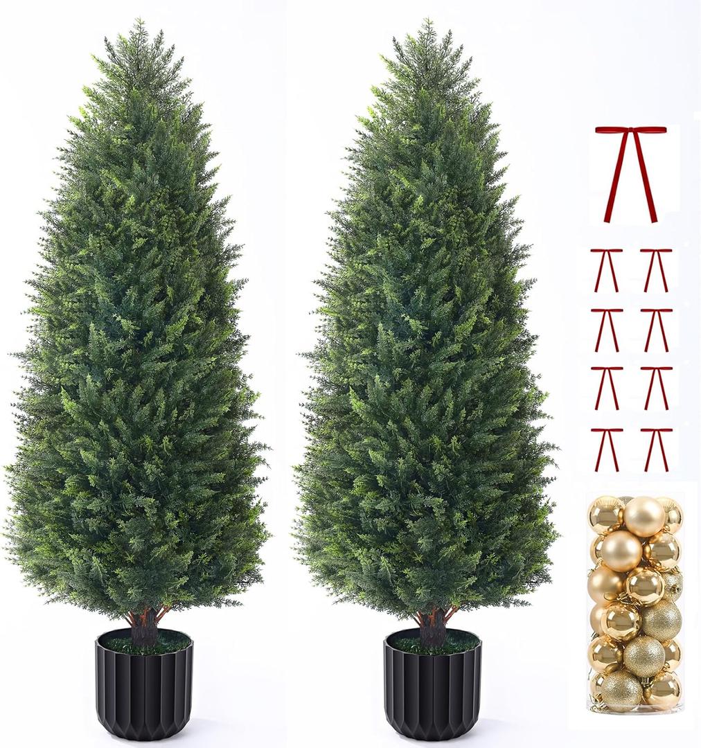 4FT Artificial Cedar Topiary Trees Set of 2, Extra Dense Foliage UV Resistant Fake Plants for Front Porch Christmas Decor, Lifelike Fake Trees Outdoor Indoor Home (48 Inch)
