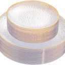 Rubtlamp 30Pcs Clear Plastic Plates,Clear Disposable Plates With Gold Rim,Heavy-duty Gold Plates
