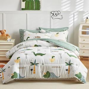 Joyreap Bed in a Bag Cotton, Dinosaur Theme Fresh Green, Twin Size 6-Piece Cotton Bedding Comforter Set for Kids Boys n Girls- 1 Comforter, 2 Pillow Shams, 1 Flat Sheet, 1 Fitted Sheet, 1 Pillowcase
