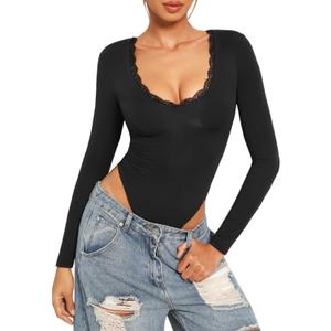 Navneet Women Sexy Deep V Neck Long Sleeve Lace Trim Bodysuit Going Out Fitted Tank Top Body Suits (Black) XS