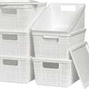 6 Pack Plastic Storage Baskets With Lids,White Breathable Stackable Storage Bins,Small Storage Containers,for Organizing Storage Baskets on Desktops,Closets,Playrooms,Classrooms,Offices, Set name: Plastic Lids Set of 6