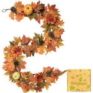 Artificial Fall Maple Leaves Garland Hanging Vine 6Ft Fake Pumpkin Pine Berries Autumn Decoration Garland Decor for Fireplace Home Doorway Party Indoor Outdoor (Style 1)