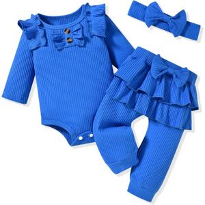 Aalizzwell Preemie Newborn Infant Baby Girls Clothes Ribbed Bodysuit Pants Set Fall Winter Outfits (Royal Blue)