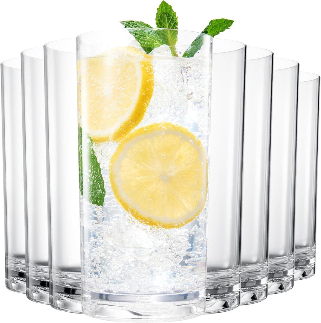 Khen Acrylic Classic Clear Plastic Reusable Drinking Glasses (Set of 8) Restaurant Cups Style 16oz Unbreakable Water Tumbler, Juice, Wine Cups | BPA-Free Tumblers | Top-Rack Dishwasher Safe, Tritan