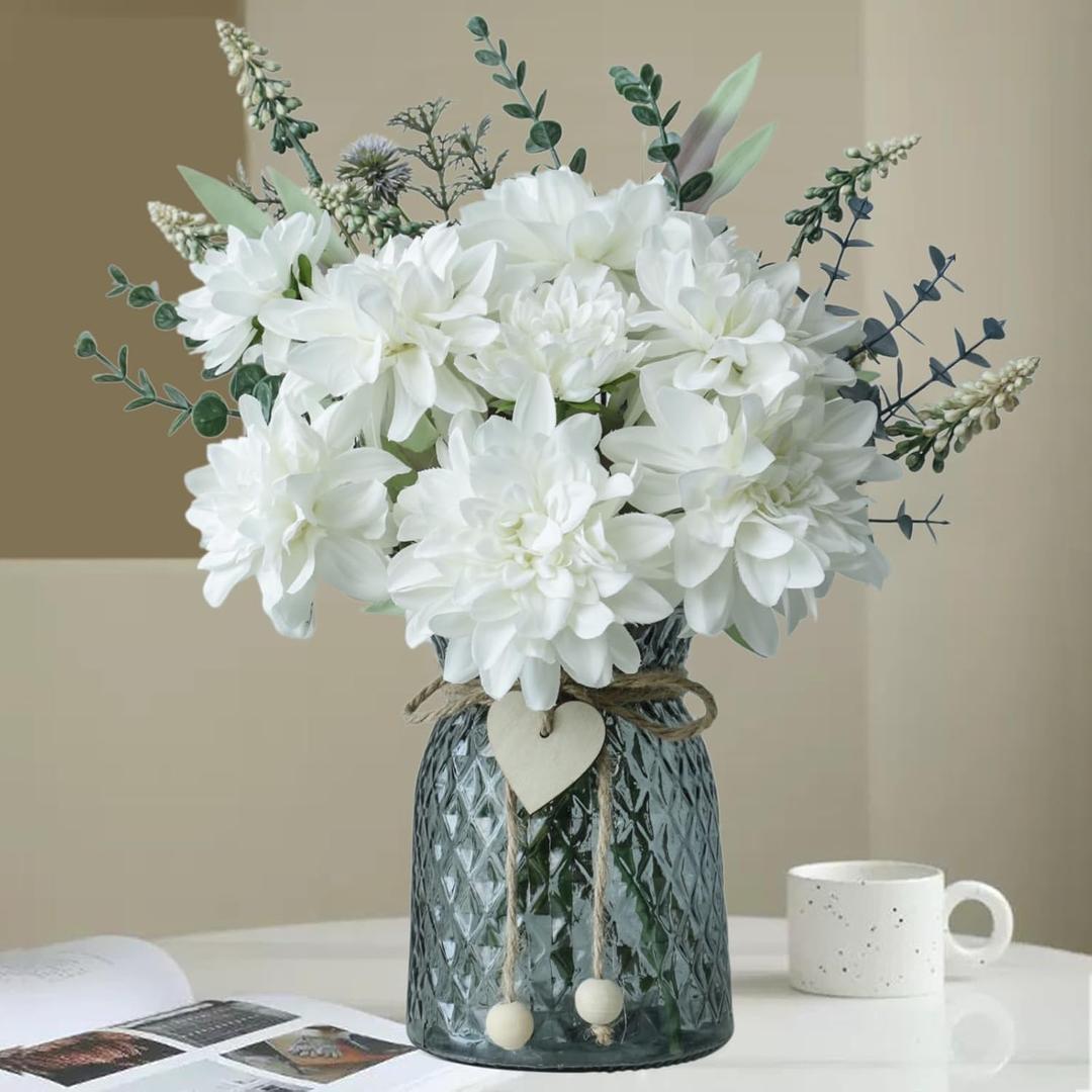 Fake Flowers in Vase,8 Dahlias,Silk Artificial Flowers in Vase,Centerpiece Table Decorations,Coffee Table Decor,Faux Flowers in Vase with a Flower Arrangement Holder (White)