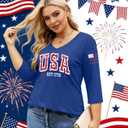 Plus Size 4th of July Shirts Women 250th Anniversary USA Shirt 1776 American Flag Patriotic Tee V Neck 3/4 Sleeve Tops (5XL, Blue)