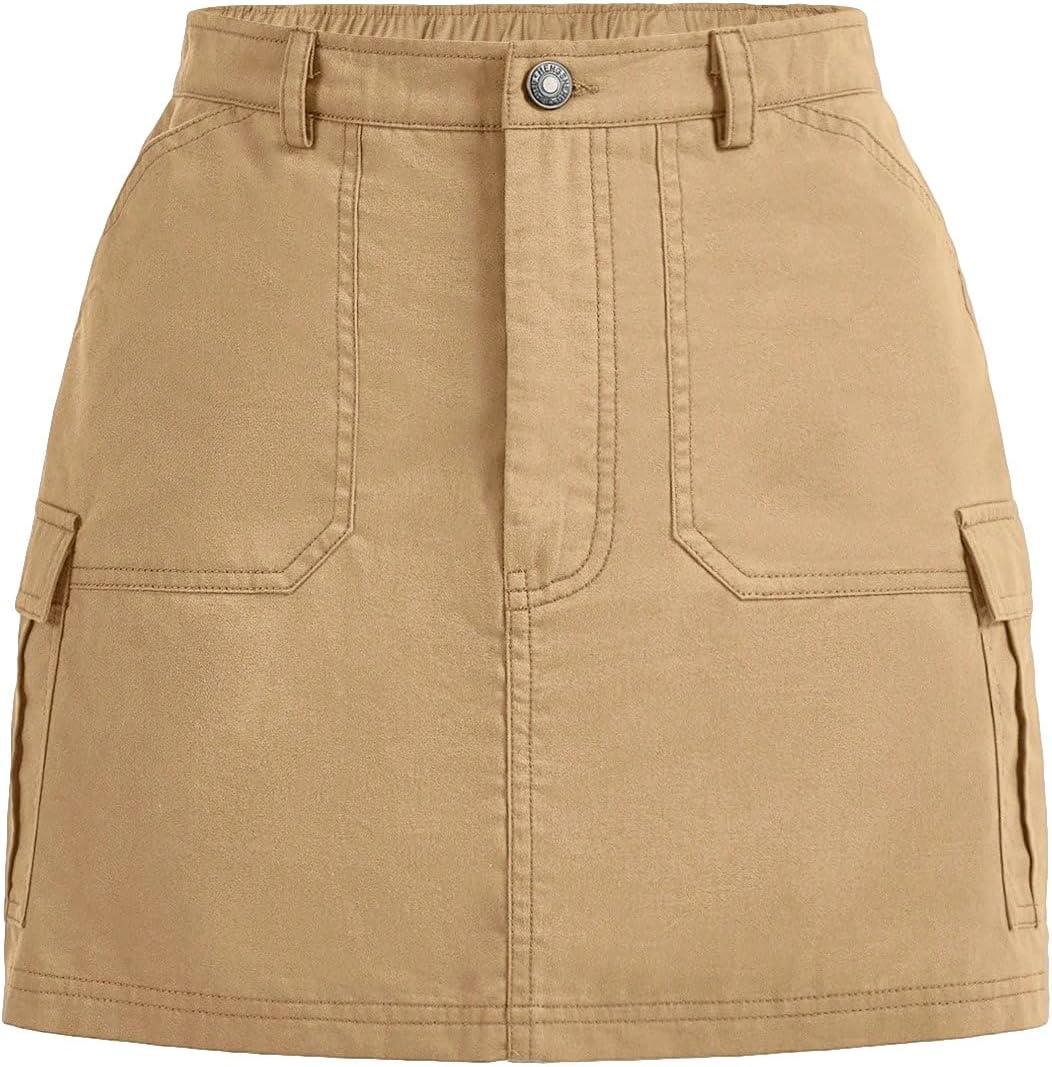 WDIRARA Women's Cargo Skirt Flap Pocket Side High Waist Zipper Fly Bodycon Mini Skirt (S)