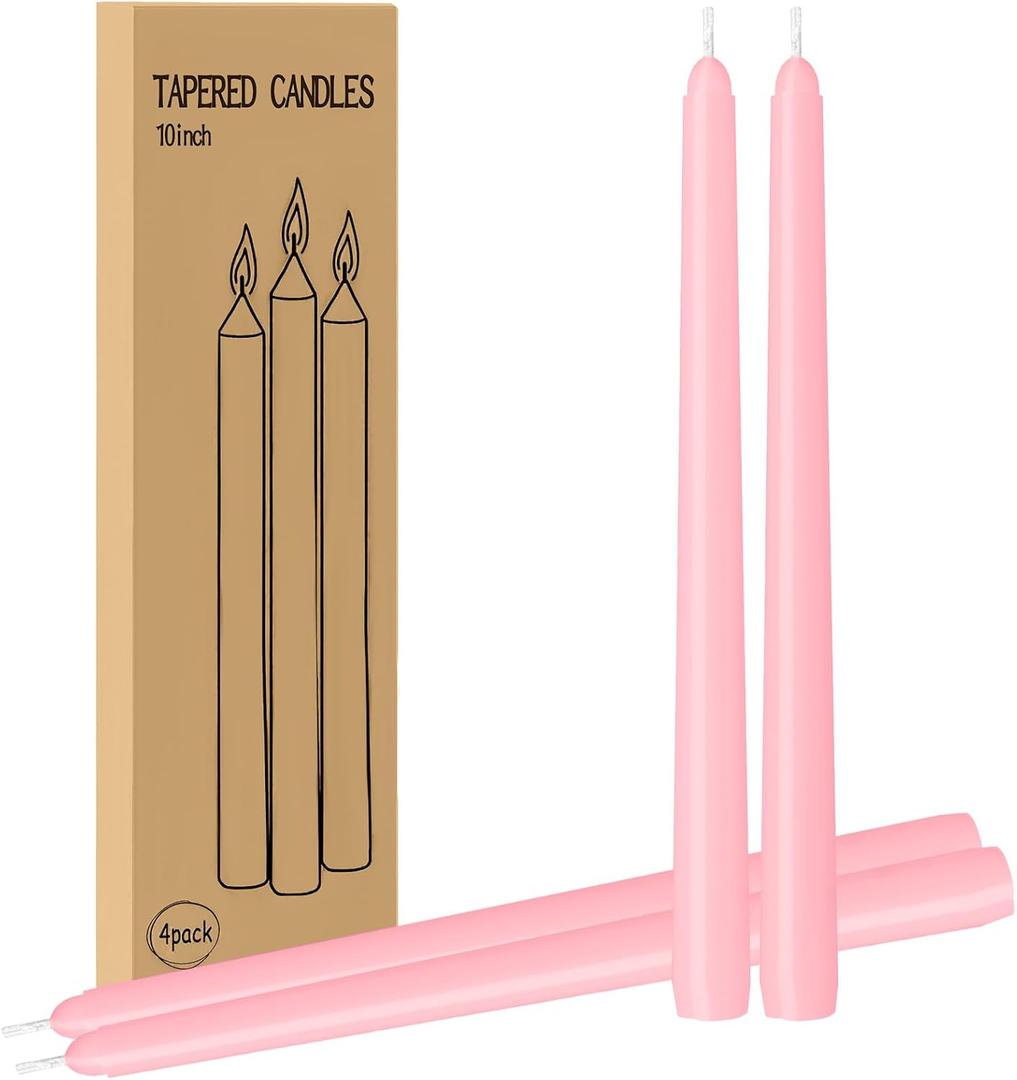 LYOBATH 4 Pack Pink Taper Candles - Taper Candles 10 Inch Dripless, Smokeless & Unscented - 8 Hours Long Burning - Ideal for Weddings, Dinner Parties, and Home Decor