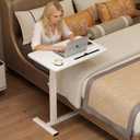 Medical Overbed Adjustable Bedside Table with Hidden Casters, Pneumatic Mobile Rolling Laptop Standing Desk with Tray for Home and Hospital Use, White