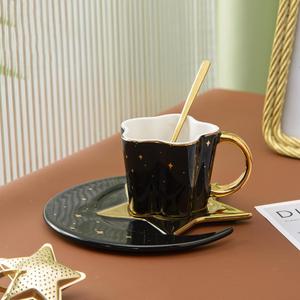4.2 Ounce Irregular Ceramic Coffee Cup,Gold Plate Handle Mug,Moon and Star Shape Coffee Tea Cup and Saucer Sets with spoon,for Cappuccino,Tea,Cocoa,Cereal,Hot Chocolate (Black with Golden)