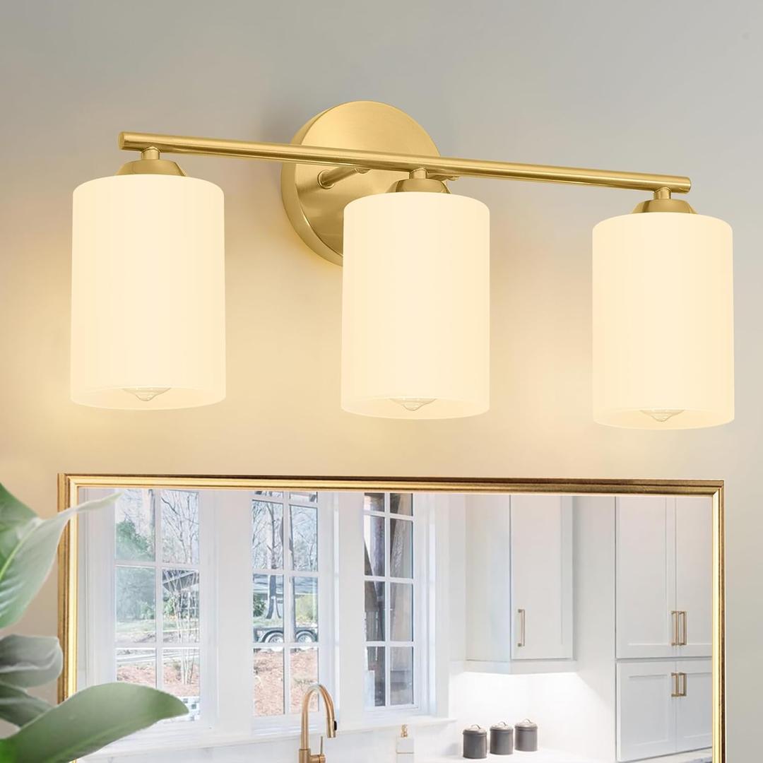 Gold Bathroom Light Fixtures,Bathroom Light Over Mirror,3-Light Brass Vanity Lights with Frosted Glass Shade,Brushed Gold Wall Sconce,Mid-Century Modern Vanity Lighting
