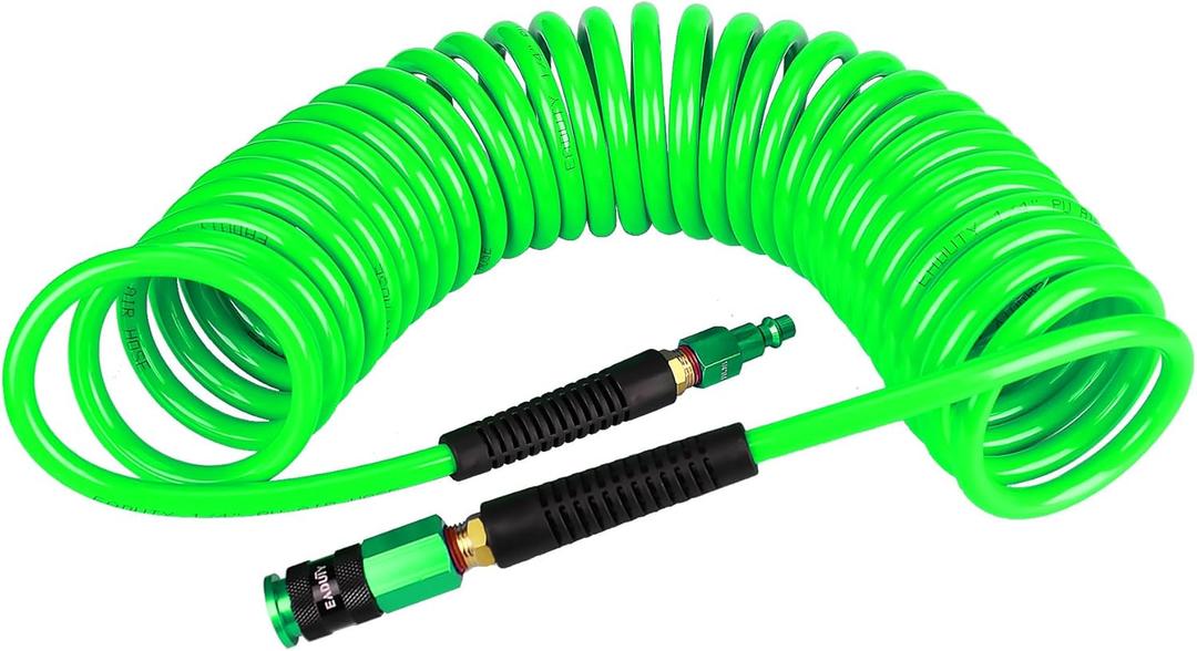 Heavy Duty Polyurethane Recoil Air Hose 1/4 in x 25 ft, Lightweight, Flexible Compressor Hose with Universal Quick Coupler, Plug and Bend Restrictors, Green