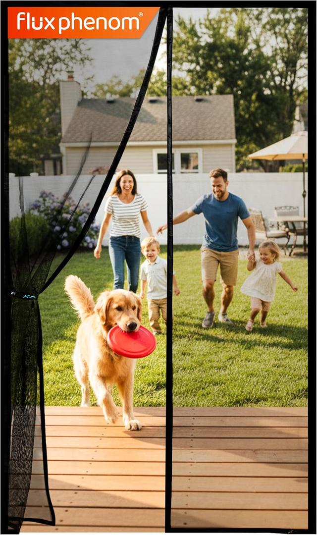Flux Phenom Magnetic Screen Door - Bugs Out, Breeze in - 9min Install Auto-Sealing Heavy Duty Double Stitched Mesh, 52 Magnets, Hands Free Sliding & Patio Doors Net, Pet & Kid Friendly, 38 x 82 Inch (Black)