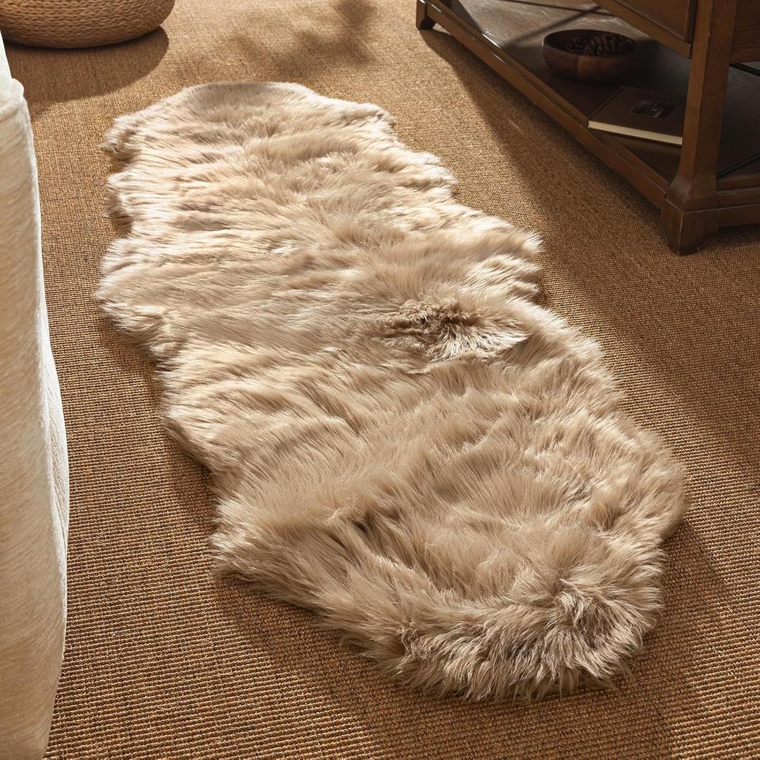 Ashler Faux Fur Rug, Fluffy Shaggy Area Rug Ultra Soft 2 x 6 Feet Sheepskin Fur Rug, Beige Fuzzy Rug Machine Washable Shag Rug, Nursery Decor Throw Rugs for Bedroom, Kids Room, Living Room