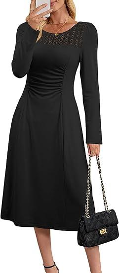 Dokotoo Women's Casual Long Sleeve Dresses Fashion Fall Lace Crewneck Elegant Solid Formal Midi Dress, Small