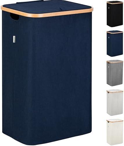 LONBET Laundry Basket with Lid, Made from Breathable Fabric | Aesthetic Clothes Hampers for Laundry with Side Handles & Sturdy Bamboo Frame (40 Gallons - Single, Blue)