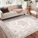 BESTSWEETIE 6x9 Area Rugs for Living Room Washable Non Slip Carpet Low Pile Soft Vintage Print Pattern Rug for Bedroom Dining Room Kitchen Entryway Indoor-Light Pink (Light Coral Pink/Orange/Brown)