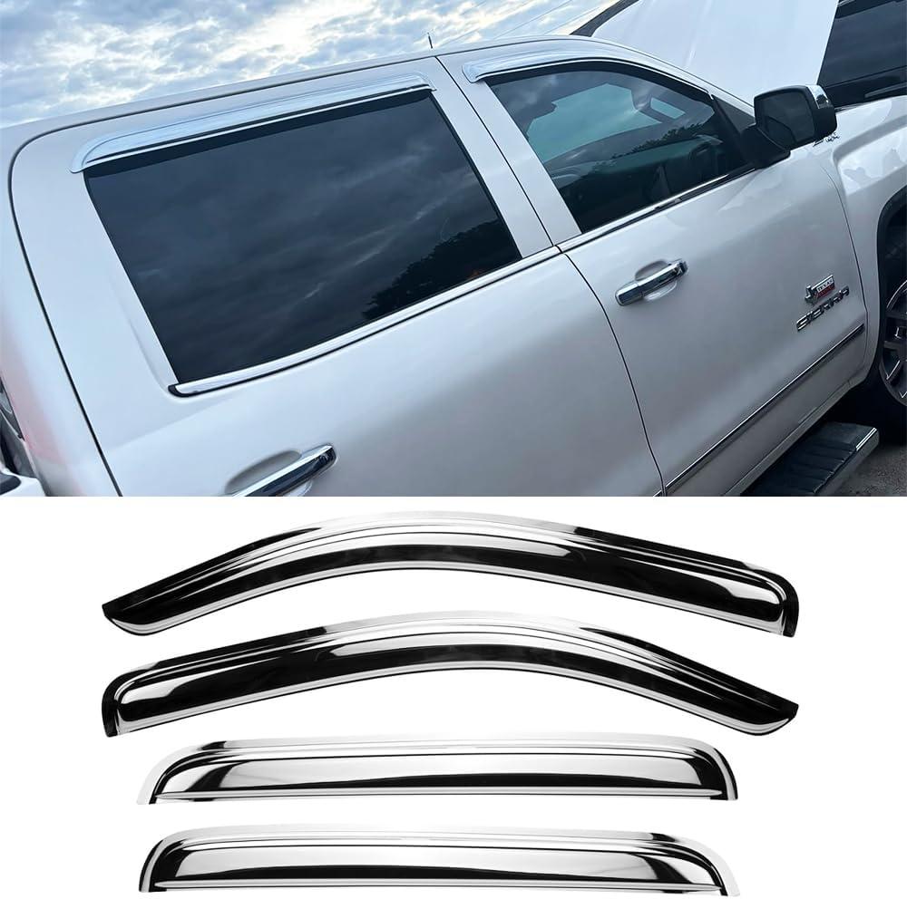 Chrome Side Window Visors Wind Vent Deflector for 07-13 Chevy Silverado/GMC Sierra 1500/Avalanche,07-14 2500HD&3500HD Crew Cab/Yukon XL/Suburban,4pcs Outside Mount Tape-On Rain Guards 94515Y