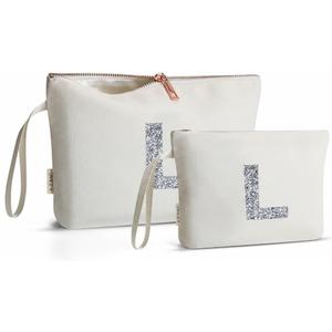 A-Z BAG 2pcs Personalised Makeup Bag Set, Canvas Cosmetic Bag with Rhinestone Initial, Birthday Gifts for Women (L, Beige)