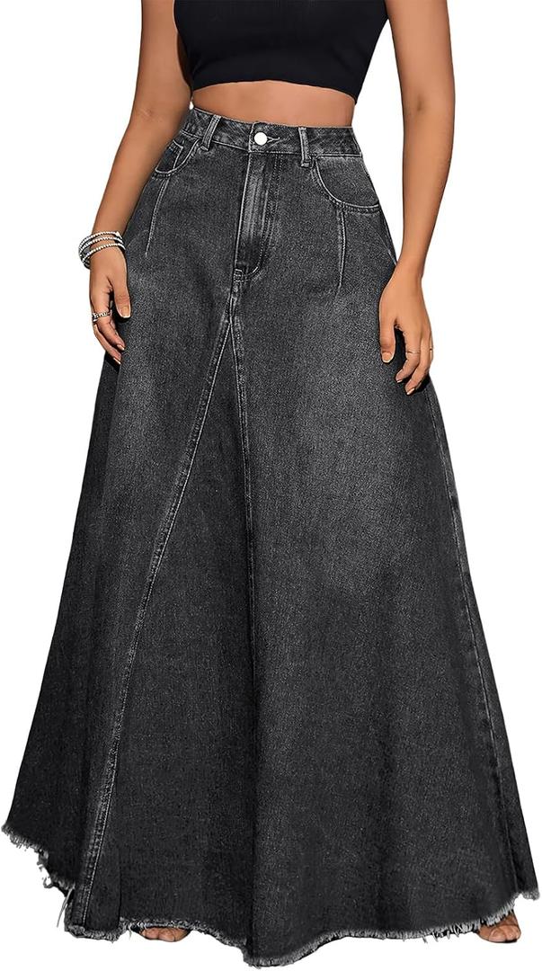 ebossy Women's Retro Distressed High Waist Frayed Hem A Line Wash Maxi Long Denim Skirt with Pockets M