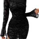 Women's Mesh Sheer Mock Neck Drawstring Side Long Sleeve Bodycon Club Mini Dress (X-Large, Black)