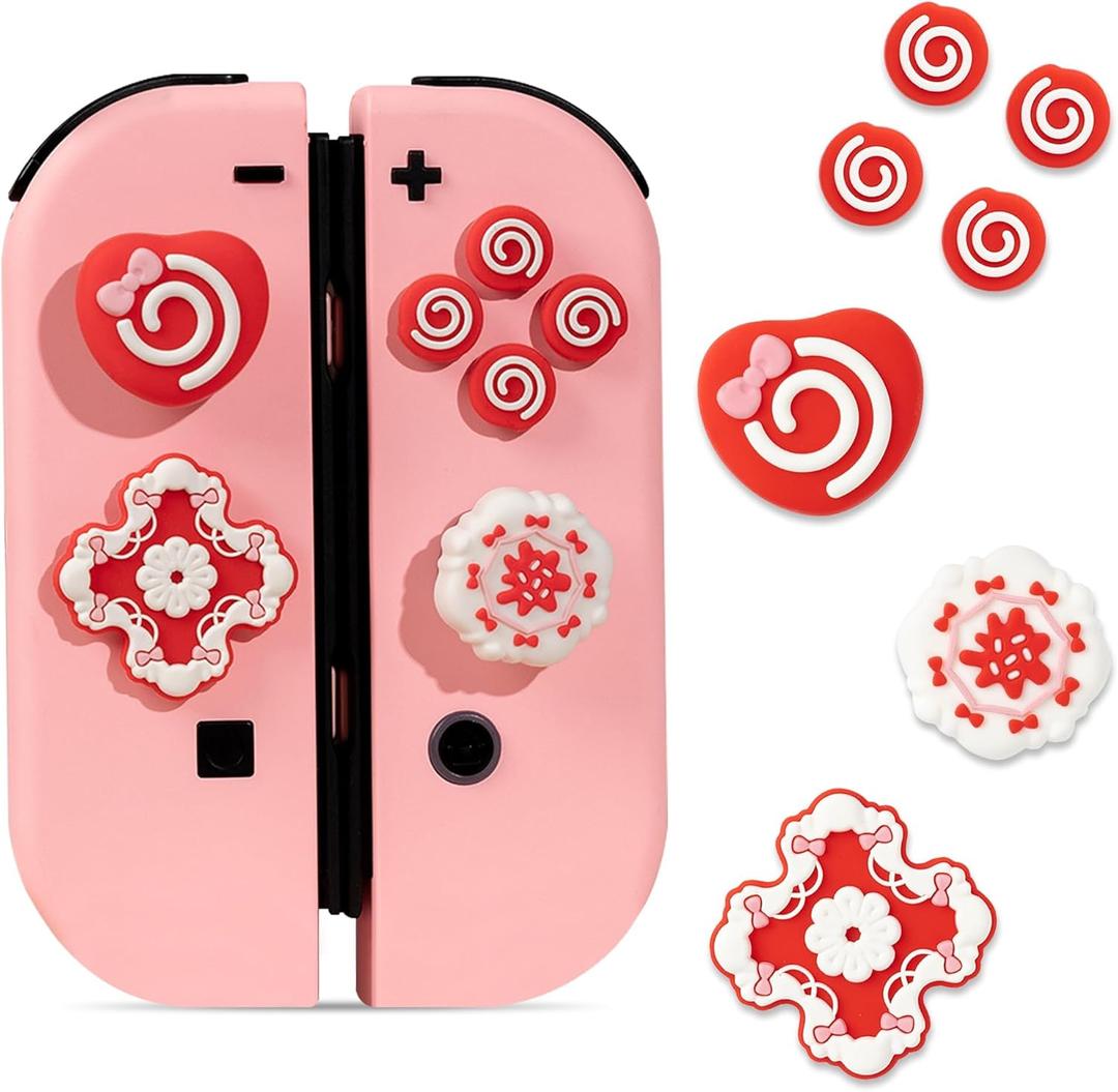 Jusy Cross D-Pad Button Caps Thumb Grips Set, Compatible with Nintendo Switch/OLED/Lite, Cute Star 3D Soft Silicone ABXY Buttons Sticker Joystick Cover Caps, Bow Heart-Red