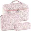 Makeup Bag for Women 3PCS Quilted Cotton Make Up Bag Travel Cosmetic Bag Large Makeup Bag Set Cute Makeups Organizer Floral Toiletry Pouch for Purse, Pink Floral D