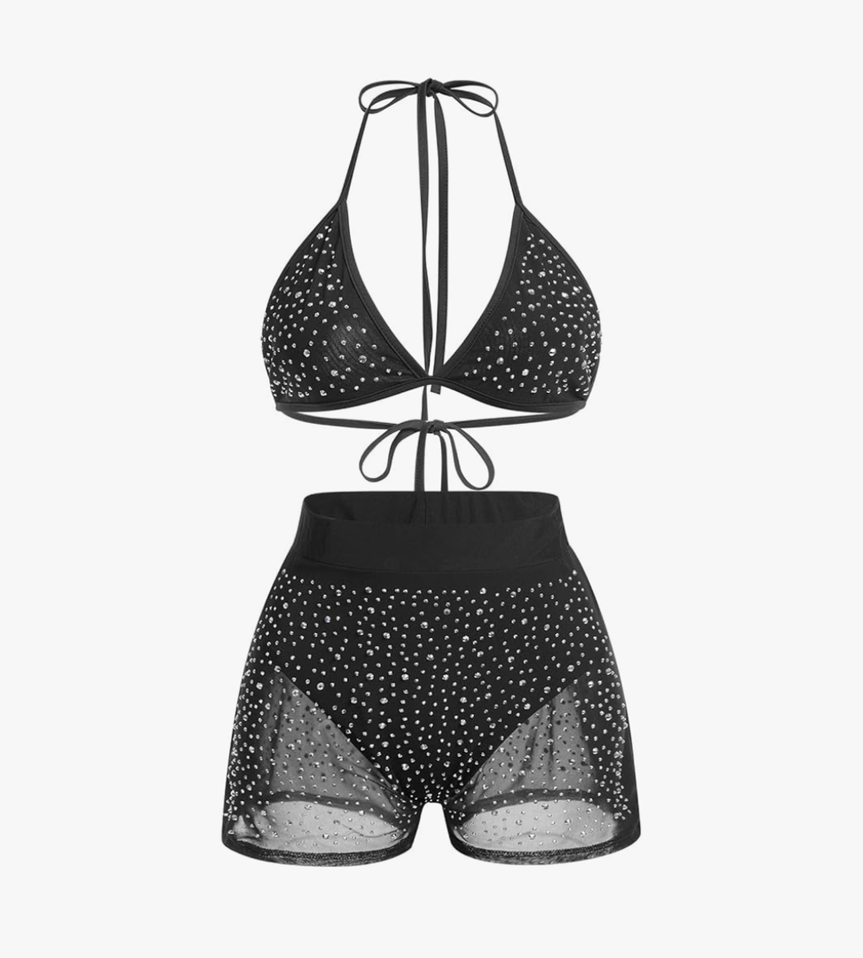 Women Sparkle Rhinestone Mesh Sheer Bikini Sets Halter Bra Top High Waist Shorts Bottom Swimsuits Rave Outfit Size L
