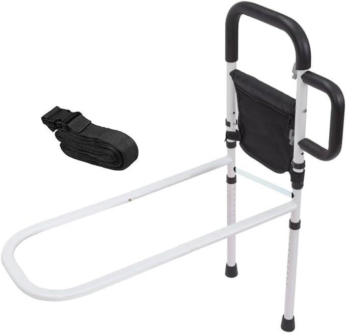 Bed Rails for Elderly Adults Safety Duty Dual Handle, Adjustable Height, Night Light and Pocket, Suitable for King/Queen/Double/Twin beds - White, Standard