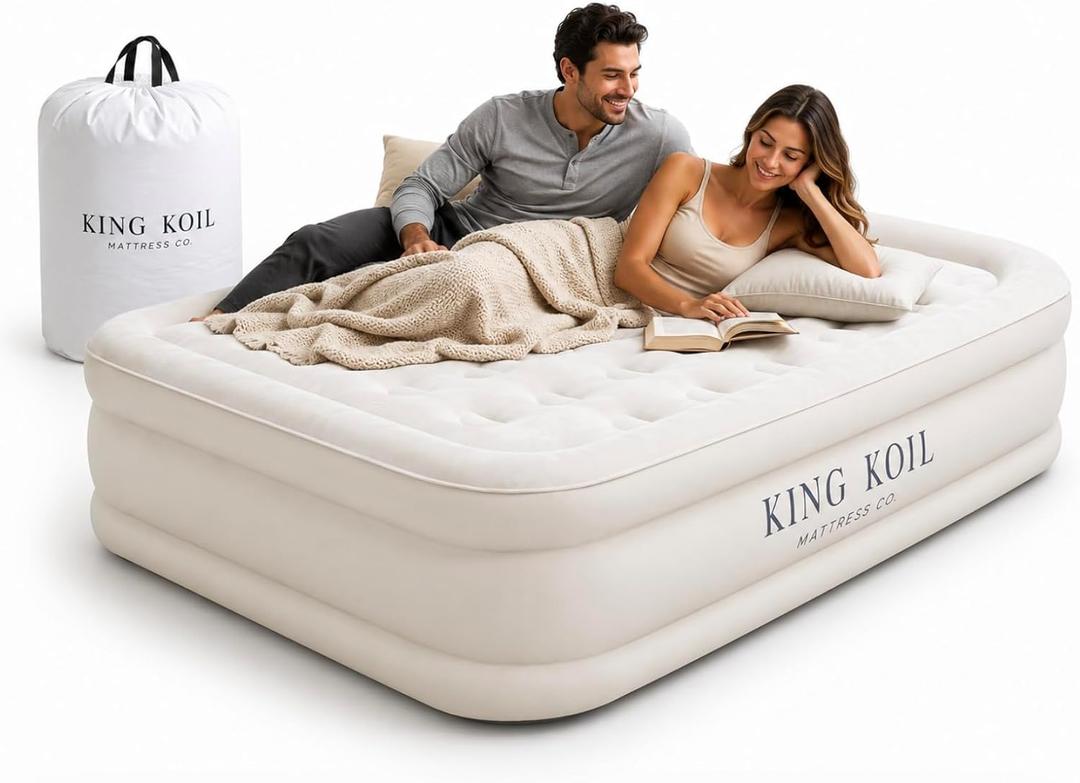 King Koil Luxury Built-in Pillow Top Queen Air Mattress with Built-in High-Speed Pump Best for Home, Camping, Guests, 20" Queen Size Double High Airbed, Blow Up Mattress, Waterproof, 1-Year
