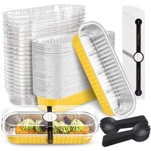NPLUX 50 Pack Mini Cake Pans with Lids and Spoons Gold Rectangular Aluminum Foil Baking Pans Mini Cheesecake Containers(6.8oz) (Glod)