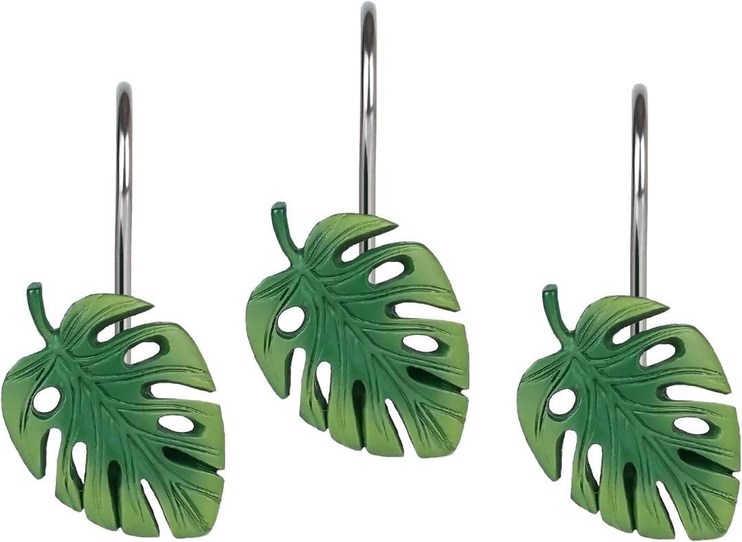 Green Monstera Shower Curtain Hooks, Tropical Leaf Design for Bathroom Decor, Set of 12 Durable Rings, Rust Proof and Heavy Duty Cute Hanger, Jungle Decoration