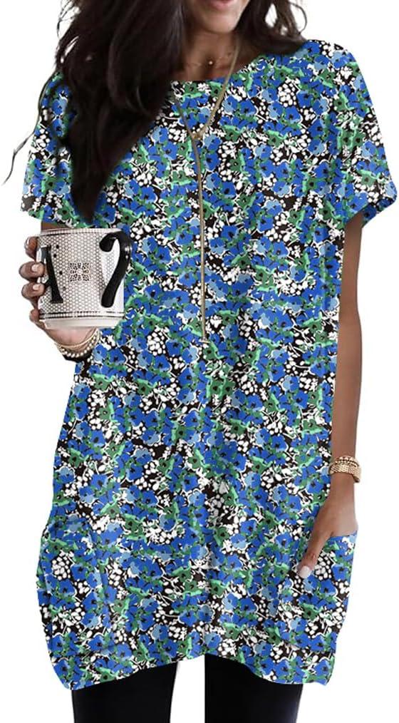 Poetsky Summer Womens Tunic Tops for Leggings with Pockets Short Sleeve Casual Long T Shirts S-3XL (Blue, M)