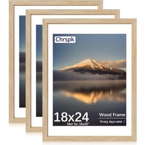 18x24 Poster Frame, Natural Oak Wood Frame with 16x20 Mat, 3 Pack