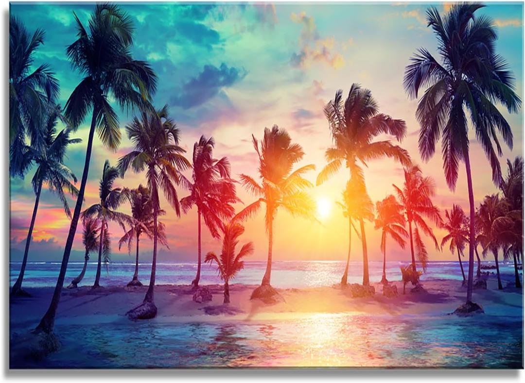 DZL Art S75569 Canvas Wall Art Palm Trees Silhouettes On Tropical Beach At Sunset Beach Seascape Painting Nature Pictures for Living Room Home Office Wall Decor Artwork, 36"L x 24"W