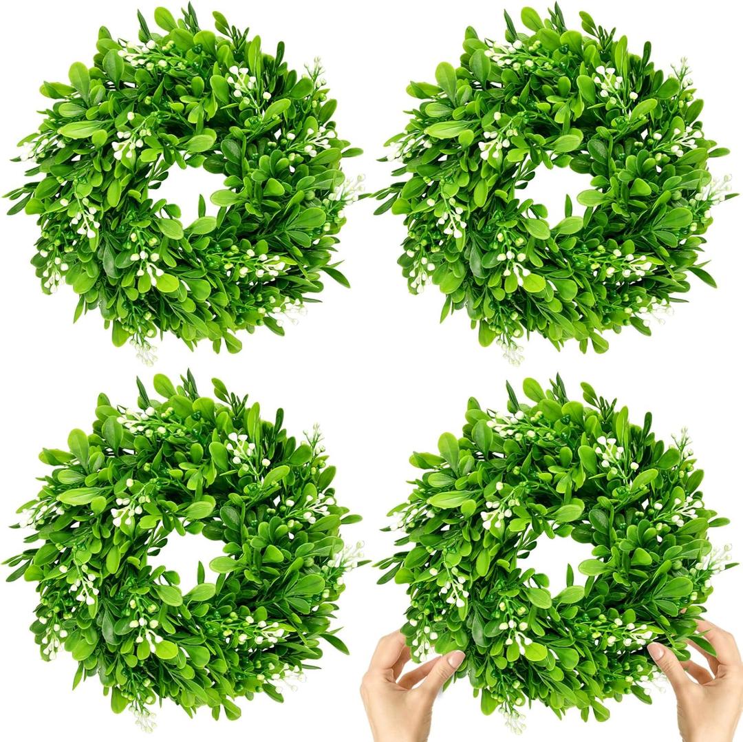 4 Pcs Christmas Boxwood Wreath Artificial 10 Inch Green Leaves for Front Door Cabinets Wreath Indoor Outdoor Wall Decor Christmas Wall Home Kitchen Decoration