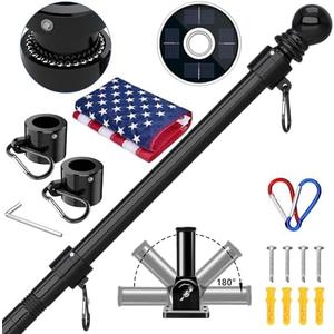 ZMTECH 5FT Flag Pole Kit with Solar Light and Embroidered American Flag, Adjustable Bracket and Upgraded Tangle-Free Ring 1" Stainless Steel Flagpole for Day and Night, Residential, Commercial, Black