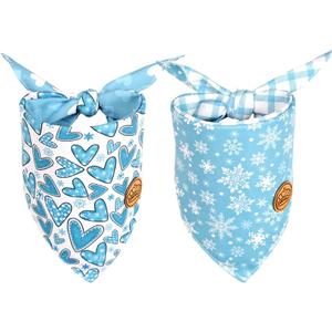 CROWNED BEAUTY Winter Dog Bandanas Reversible Small 2 Pack, Winter Hearts Set, Blue Plaid Adjustable Triangle Snowflakes Holiday Scarves for Dogs Cats Boy Girl Pets, Small