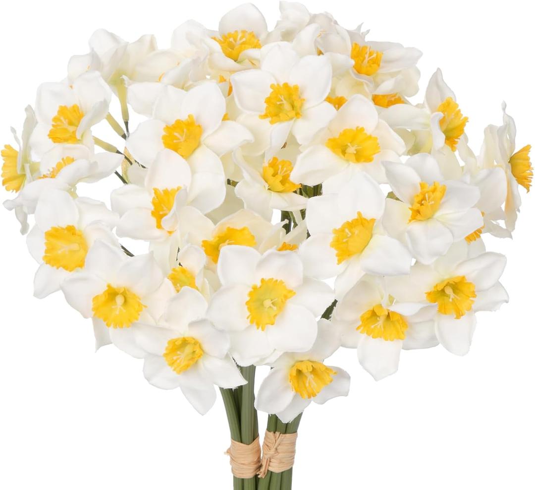 Briful 12 Stems Daffodils Artificial Flowers 2 Bunches Real Touch Fake Narcissus Flower 9in Silk Spring Fake Flowers Wedding Floral Decor Bouquet for Home Party Wedding Office Anniversary Decor,White