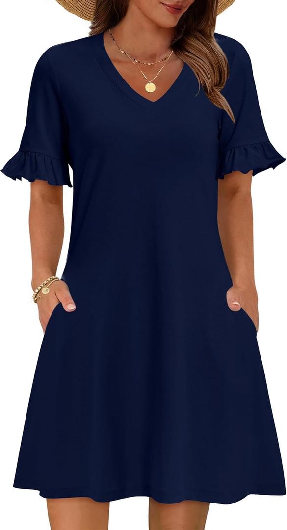 Zeagoo Summer Casual Dresses for Women A Line Sun Dress Ruffle Short Sleeve V Neck Floral Tshirt Dress with Pockets XXL