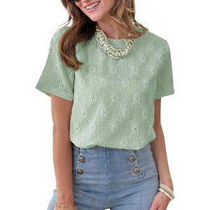 Dokotoo Women's Tops Casual Scoop Neck Short Sleeve Eyelet Embroidered Hollow Out Blouses Shirts (Green, XXL)
