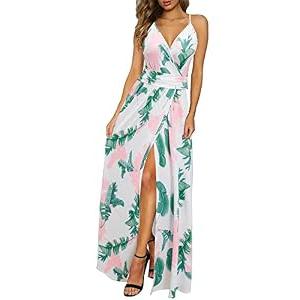 Newshows Women's Summer V Neck Spaghetti Strap Sleeveless Casual Split Long Maxi Dress (Floral 24, Small)