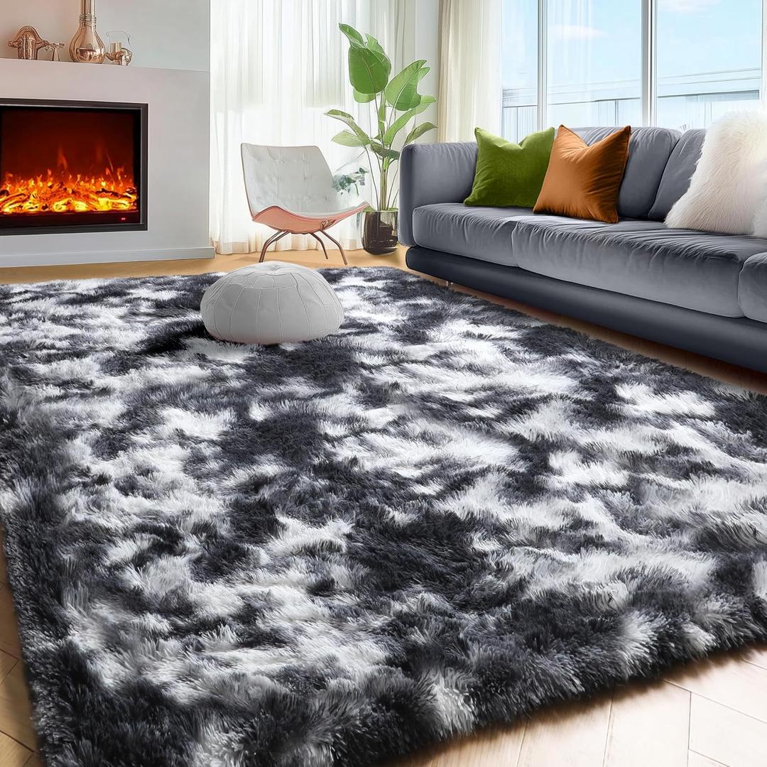 PAGISOFE Black White Grey Rugs for Living Room 5x8, Shag Fuzzy Fluffy Washable Rugs for Kids Room Playroom Classroom Dorm Shaggy Soft Carpet for Home Decor Aesthetic Plush Bedside Rug Modern Cool Rug