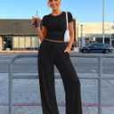 Trendy Queen 2 Piece Matching Summer Lounge Set Womens Side Ruching Top Wide Leg Pants Sets with Pockets (Black), M