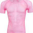 ABAFIP Men's Short Sleeve Fishnet Shirt Mesh Sheer Tank Top Muscle T-Shirt Undershirt Rave Clubwear (X-Large, Pink)