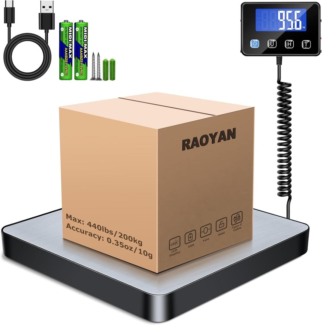 RAOYAN Shipping Scale, 440lb/0.5oz High Accuracy Digital Scale for Packages with Hold, Tare Function, Postal Scale for Small Business, Luggage, Home Use (Battery & Charging Cable Include)