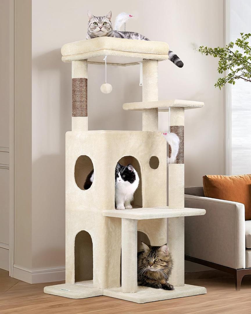 Globlazer Cat Tree Tower for Indoor Cats, 50-inch Adult Cat Tree House for Large Adult Cats with Steps, Scratching Post, 2 Cat Caves, Dangling Toys, FC50, Beige