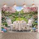 7x5ft Tea Party Garden Backdrop Spring Yard Fountain Dessert Table Floral Photography Background Girl Birthday Party Baby Shower Decorations Photo Booth Props