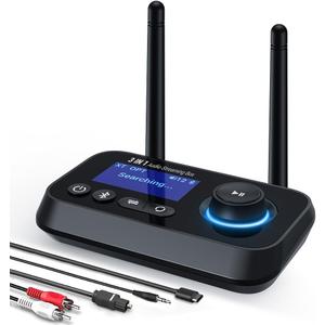 Bluetooth Transmitter Receiver 3-in-1 Bluetooth 5.3 Audio Adapter for 2 Headphones with Dual Antenna Bypass Volume Control LCD Display 3.5mm Aux/Optical/RCA for Home Stereo TV Speaker PC