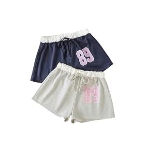 GORGLITTER Women's 2 Pack Pajama Shorts Graphic Drawstring Waist Casual Sleep Lounge Shorts Grey and Blue Small
